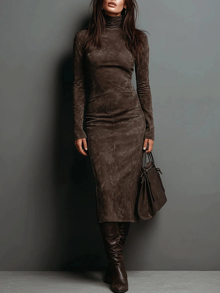 Kelly | High Neck Long Sleeve Suede Midi Dress